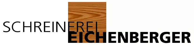 Logo der Schreinerei Eichenberger: Schwarze Schrift „Schreinerei Eichenberger“ mit einem stilisierten Holzquadrat in der Mitte, das für Handwerk, Natürlichkeit und Qualität steht.