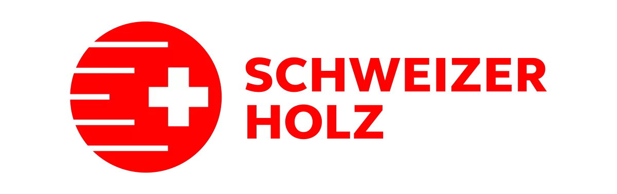 Logo des Labels „Schweizer Holz“: Roter Kreis mit weissem Schweizer Kreuz in der Mitte und horizontalen Linien, daneben der Schriftzug „SCHWEIZER HOLZ“ in roter Grossschrift.